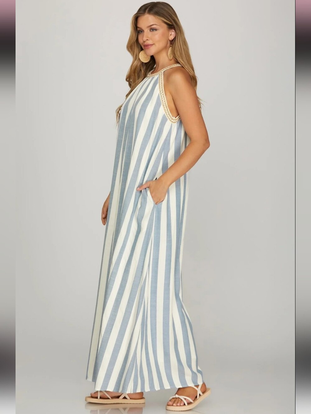 She + Sky Sleeveless Halter Blue and White Striped Maxi Dress - Picture 4 of 8